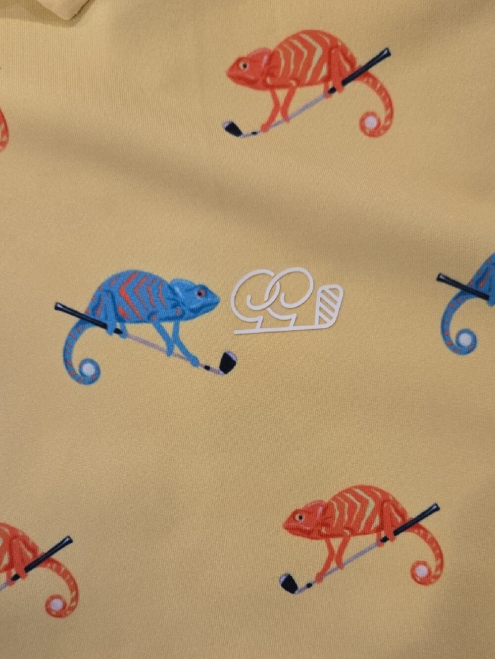 Men's Yellow Polo with Blue & Red Chameleon Print - Picture 3 of 4